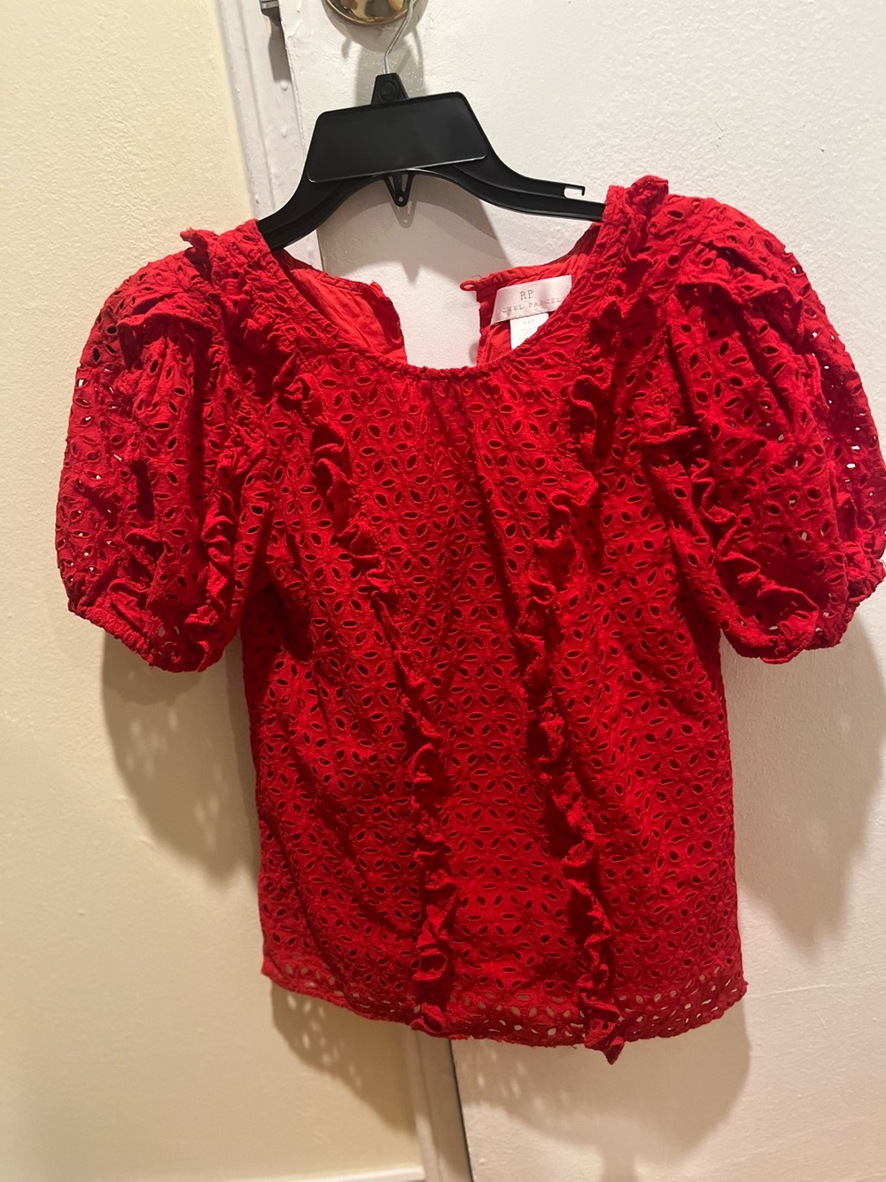 Rachel Parcell Red Eyelet Ruffle Top XXS Short Sleeve Cotton Blouse 14.5" pit to